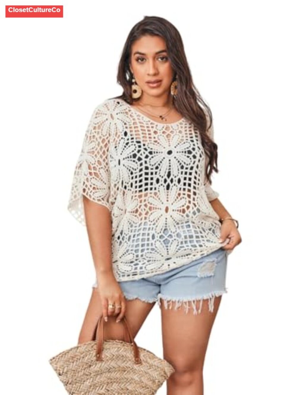 Plus Size Crochet Hollow Out Boat Neck Oversized Knit Sweater Pullover